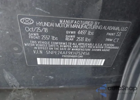 2019 Hyundai Sonata Se z USA, uszkodzony, nr VIN 5NPE24AF9KH752456